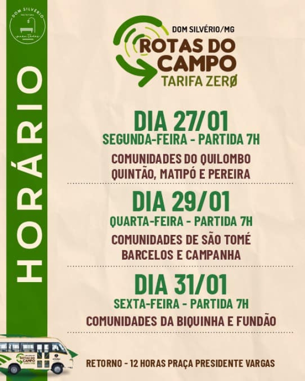 PROGRAMA ROTAS DO CAMPO EM DOM SILVÉRIO GANHA NOVOS ITINERÁRIOS E DIAS DE ATENDIMENTO