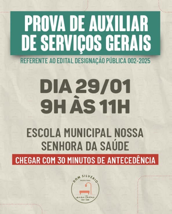 PROVA PRÁTICA PARA AUXILIAR DE SERVIÇOS GERAIS EM DOM SILVÉRIO: ATENÇÃO CANDIDATOS!