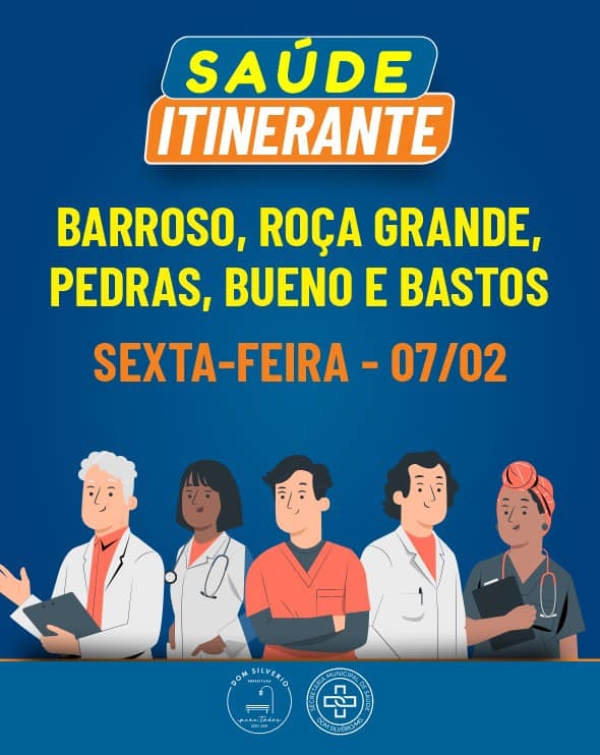 SAÚDE ITINERANTE EM BARROSO, ROÇA GRANDE, PEDRAS, BUENO E BASTOS: CUIDE DA SUA SAÚDE NESTA SEXTA-FEIRA!