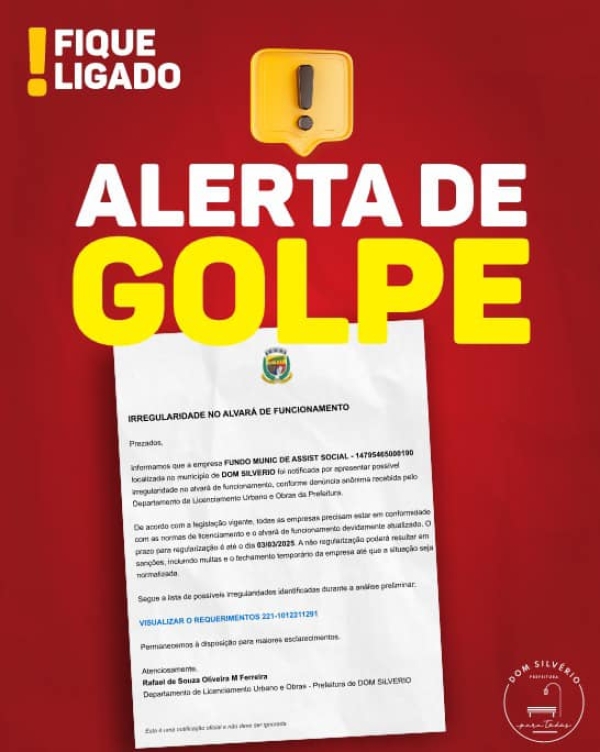 PREFEITURA DE DOM SILVÉRIO ALERTA SOBRE GOLPE A COMERCIANTES NO MUNICÍPIO