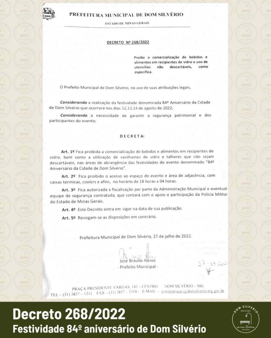 PREFEITURA PUBLICA DECRETO PARA FESTIVIDADES DO 84º ANIVERSÁRIO DE DOM SILVÉRIO